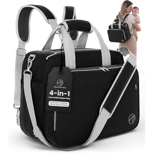 Mellories 4 in 1 Convertible Diaper Bag Tote For Baby Boys and Girls - Converts Into Diaper Backpack, Baby Tote, Stroller Bag and Crossbody Diaper Bag - Black Baby Travel Bag - Gift for Mom
