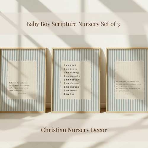 Baby Boy Scripture Nursery Set of 3 | Blue Stripe Bible Verse Gallery Wall Art | Christian Nursery Decor | Boy Wall Art (Digital Download)
