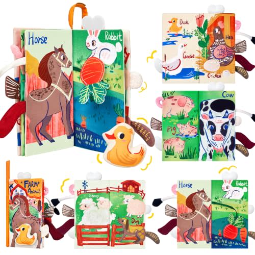 JoyCat Crinkle Books for Babies, Farm Theme Baby Sensory Cloth Book | Soft fabric pages add crinkle, texture, and simple picture play for stroller, lap, or tummy-time moments, baby gift