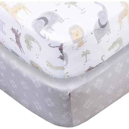 Gerber Baby Unisex 2-Pack Knit Crib Sheet, Animals + Geos Neutral, One Size