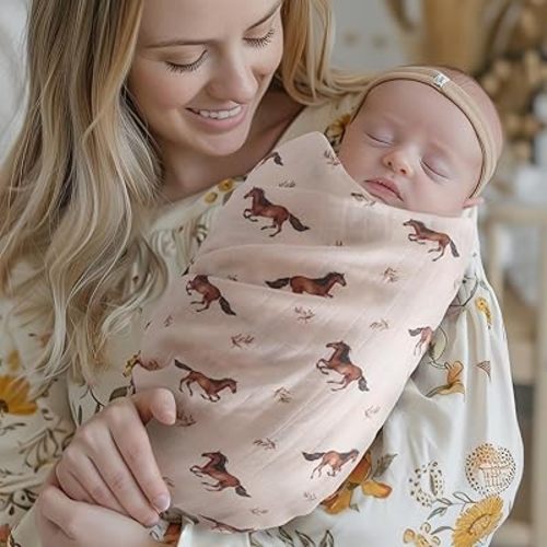 LifeTree Baby Swaddle Blankets, Muslin Swaddle Blankets Boys Girls Swaddling Wrap Receiving Blanket for Newborn, 70% Viscose Bamboo and 30% Cotton, Large 47" x 47", Horse Pattern