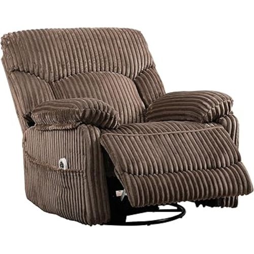 SUNWAVE Power Recliner Chair, Electric Swivel Rocker Recliner with Massage and Heat, Hybrid Corduroy Recliner, USB Remote, Tool-Free Assembly (Brown)