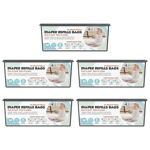 Diaper Pail Refills Bags with 30 Bags Compatible with Genie Easy Roll Signature and Platinum Diaper Pails, 7-Layer Odor-Barrier Technology, 5 Pack (150 Bag)