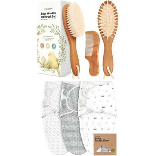 Keababies Baby Hair Brush and Comb Set and 3-Pack Baby Swaddle Sleep Sacks - Wooden Brush with Soft Goat Bristle - Newborn Swaddle Sack, Cradle Cap Brush