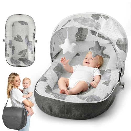 Baby Lounger with Canopy, Portable & Foldable Baby Lounger for Newborn 0-12 Months, Removable Infant Lounger & Baby Play Mat, Lightweight Baby Nest for Home & Outdoor Use(Grey Leaf)