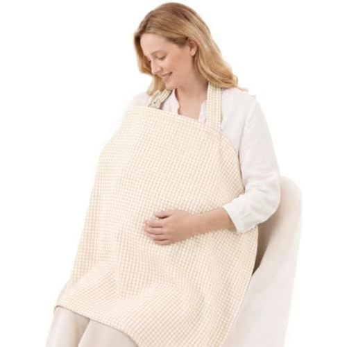 Blissful Diary Muslin Nursing Cover for Breastfeeding, Breathable Breastfeeding Cover up with Arch Neckline for Women, Nursing Apron (Beige Gingham)
