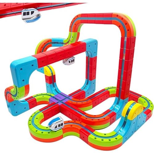 3D Infinity Track with Electric Train Set for Kids, Magnetic Monorail Cube Tracks, Magnet Railway Builder, Gravity Defying Rail Cubes Building Toy, DIY Anti-Gravity Flexible Race Track (Advanced Set)
