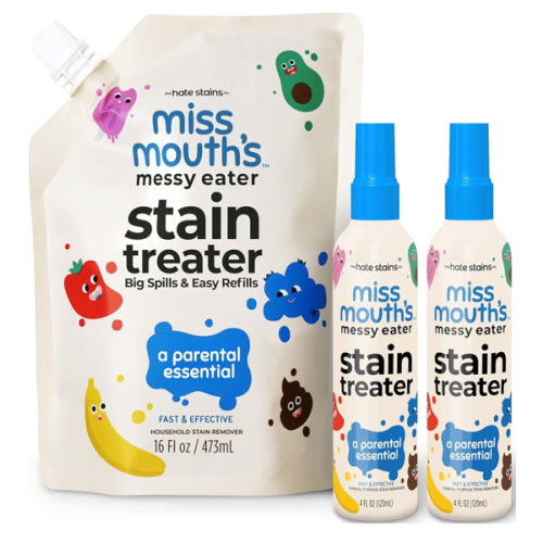 Miss Mouth’s Messy Eater Stain Treater Refill Ready Kit - 2 Pack Stain Remover Spray and 16oz Refill Pouch - Newborn & Baby Essentials - Food, Grease, Coffee Off Laundry, Underwear, Fabric