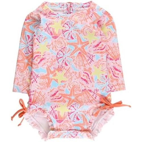 RuffleButts Baby Girls UPF 50+ Sun Protection Floral Printed Long Sleeve One Piece Rash Guard Swimsuit with Zipper