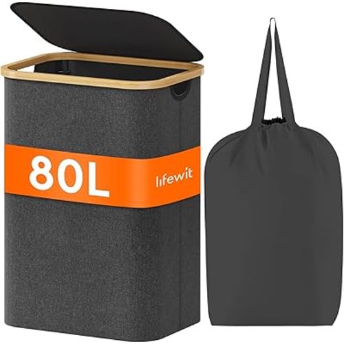 Lifewit 80L Laundry Basket with Lid, Clothes Hampers for Laundry with Bamboo Handles and A Removable Laundry Bag, Large Foldable Laundry Hamper for Bedroom, Bathroom, Dorm, Laundry Room, Dark Gray