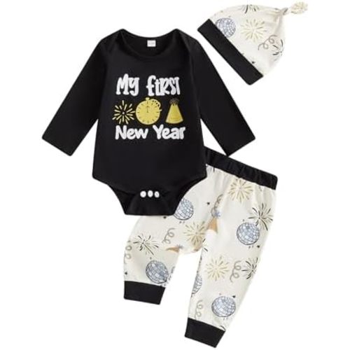 My First New Year Baby Boy Outfit Newborn Letter Print Long Sleeve Romper Top Balloon Pants with Hat 3 Piece Sets