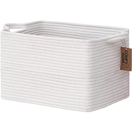 COMFY-HOMI Cotton Rope Woven Basket with Handles for Shelves,Toys,Book, Cloth Storage Baskets Bin for Organizing-13.5"x11"x9.5" Toy Decorative Organizer for Living Room, Bathroom-All White