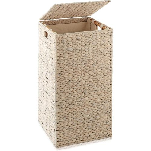 Casafield Laundry Hamper with Lid and Removable Liner Bag - Whitewash, Woven Water Hyacinth Square Laundry Basket Sorter for Clothes and Towels