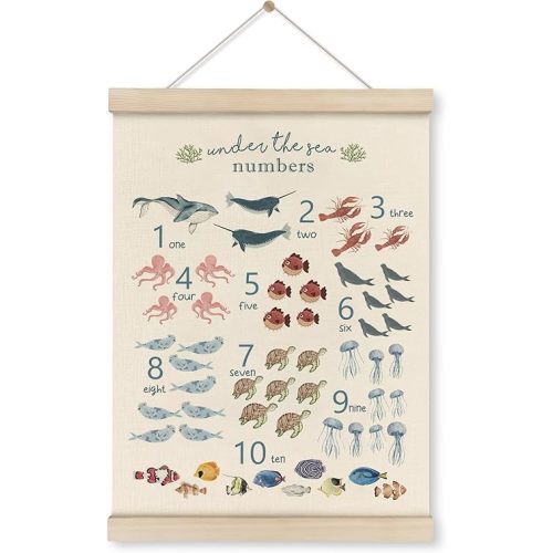 HRQKO Ocean Alphabet Poster Hanger Frame Set of 2, Ocean Nursery Decor, Sea Animal Wall Decor, ABC Poster Art with Wooden Frames, Alphabet Banner Wall Hanging Decor for Playroom Kids Room,12x16 Inch