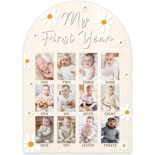 My First Year Photo Board, Daisy Baby's First Year Photo Frame 12 Monthly Milestone Picture Frame, Gift for Newborn Baby 1st Birthday Memories Nursery Decoration -04