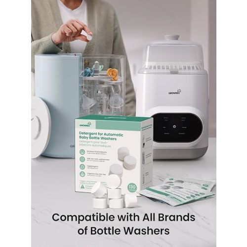 GROWNSY Bottle Washer Detergent Tablets, 130 Count, Deep Cleaning, Compatible with All Brands of Baby Bottle Washers, Removes Milk Residue, Grease & Odor from Bottles and Pump Parts