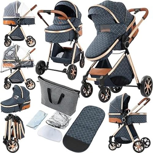 2 in 1 Baby Stroller, Convertible Pram, Reversible Standard Stroller, Portable Baby Buggy, Infant Carriage, Foldable High Landscape Pushchair for Toddler Newborn (225 Blue)