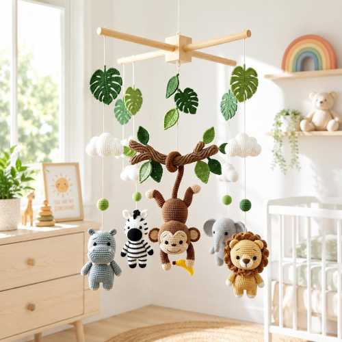 Safari Animal Nursery Mobile, Crochet Jungle Crib Decor Savanna Baby Shower Gift Personalized Lion Elephant Giraffe Hippopotamus Baby Mobile