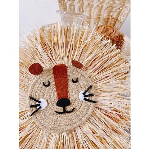 Charlbytion Wall Art Animal Head Hand Knitted Hanging,Cotton Thread Weaving Straw Cartoon Tassel Beard Lion Tiger Macrame Pendant Nursery Room Wall Decor for Home Decoration (16''*16'', F)