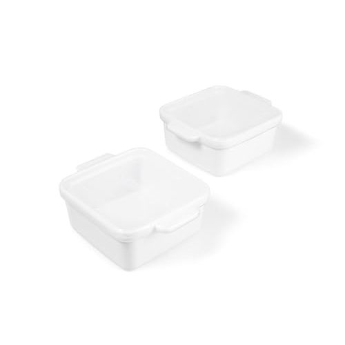 Souper Cubes Stoneware - 5" x 5" Baking Dishes for Oven with Silicone Covers, Premium Mini Ceramic Baking Dishes, Perfect for Reheating Individual Portions in Oven or Microwave, Set of 2 - White