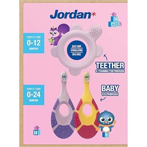 Jordan* ® | Step 0 Teether & Training Toothbrush | BPA-Free, Hygienic, 2-in-1 Teething & Early Brushing Solution for Babies | Pink | 1 Teether + 2 Step 1 Baby Toothbrush