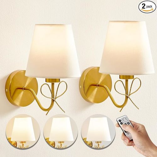 Battery Operated Wall Sconces Lights Set of Two Remote Control, Antique Brass Bow Sconces Rechargeable Battery Powered Wall Lights Dimmable LED 2700K-6000K 16 Color Temperatures