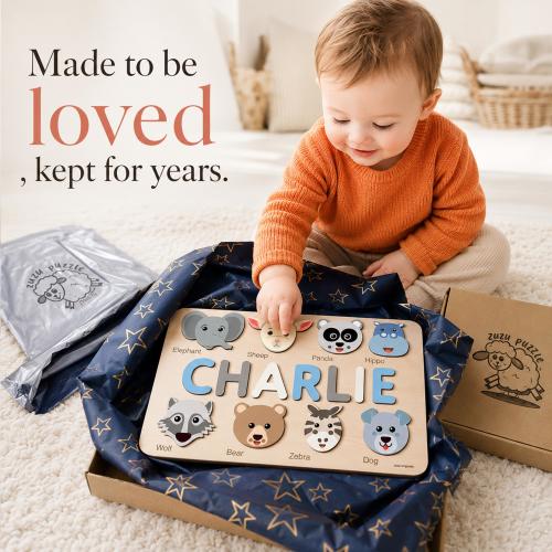 Animals Wooden Name Puzzle, 0-3 Years Old Personalized Gift: Patented and Certified Design