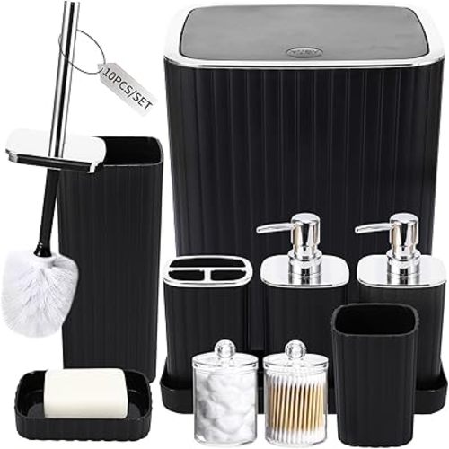 XLHOMO Bathroom Accessories Set - Gorgeous Bathroom Set, 10PC Black Bathroom Accessory Set, Toilet Brush, Trash Can, Qtip Holder & Soap Dispenser