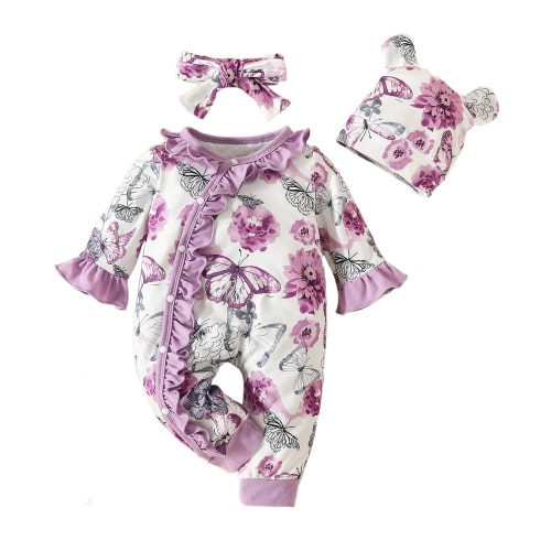 Bellafa Baby Girls' Flared Long Sleeve Flower Jumpsuit Newborn Girls Ruffle Bodysuit+ Floral Hat +Headband 3 piece Romper Set For 0-18M Clothes