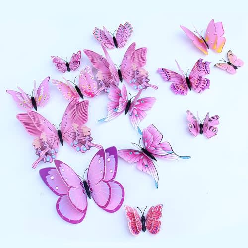 Somotersea 24pc 3D Butterfly Wall Decor - Removable Butterfly Decals for Girls Room & Birthday Parties - Pink