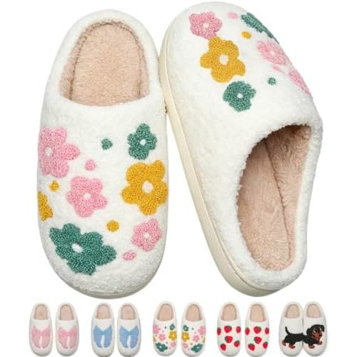 Cute Fuzzy House Slippers for Women Men Memory Foam Non Slip Shoes