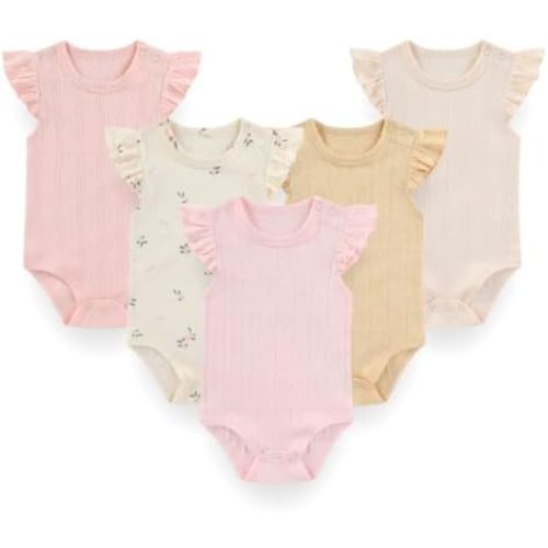 Newborn Baby Flutter Sleeve Cotton Bodysuits 5-Pack Unisex Soft Baby Clothes Gift for Boys Girls