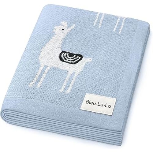 Baby Receiving Swaddle Stroller Blanket - 100% Fine Loomed Cotton Cozy Cuddle Crib Stroller Unisex Quilt Knit Blanket for Newborns Infants Toddler Boys and Girls (Llama - Baby Blue)