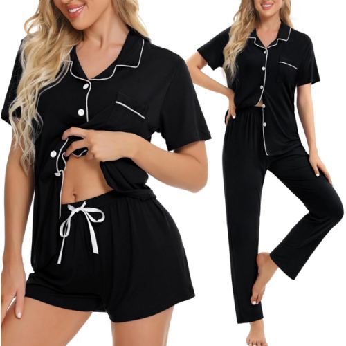 SWOMOG Womens 3pcs Button Down Pajamas Set Short Sleeve Sleepwear Bride Pj Lounge Set with Long Pants
