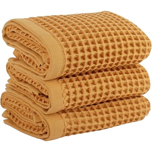 PÜSKÜL Natural 100% Turkish Cotton Waffle Kitchen Towels Set of 3 | Oeko-Tex, Premium Waffle Hand Towels for Bathroom | Soft Absorbent Quick-Dry Lint-Free Dish Towel Large 32x16 in (3, Mustrad Yellow)