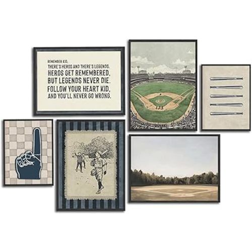 WWN Vintage Baseball Canvas Wall Art Set of 6 Baseball Field Stadium Picture Wall Decor Sports Inspirational Quotes Poster Painting Prints Artwork for Boys Room Office Teen Room Home Decor