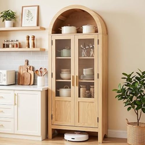 Arched Storage Cabinet with 2 Doors, Natural Wood Color