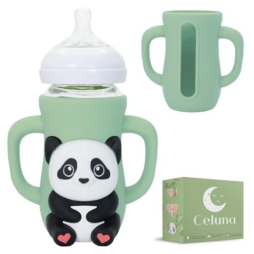 Silicone Bottle Sleeve for 8oz Philips Avent Natural Glass Bottle | Drop Protector + Easy Grip Handles | BPA Free Safe Material | Baby Bottle Not Included | Green Panada