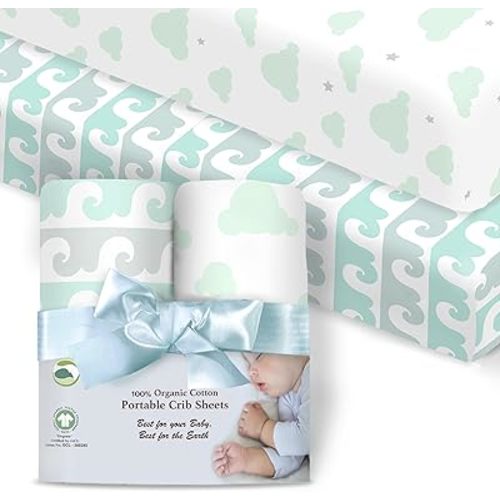 100% Organic Cotton Fitted Sheets Fit and are Compatible with Graco Pack n Play, Babyletto, Pamo Babe, Hiccapop, Dream on Me, Evenflo, Baby Trend Portable/Mini Crib/Playards. 2 Pk, Mint & Gray