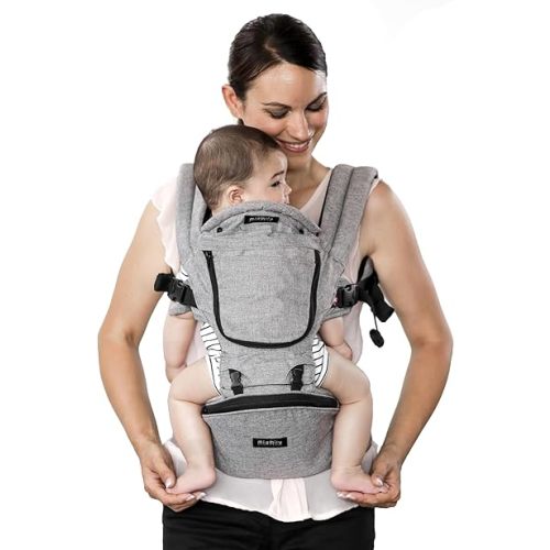 MiaMily Ergonomic Hip Seat Baby Carrier, 6 Carry Positions, Newborn to Toddler, Lumbar Support, Adjustable Waist Belt, Hipster Plus, Stone Grey