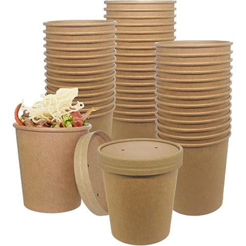 50 SET 16OZ Kraft Dessert Cups with Lids Compostable Paper Food Cup with Vented Lid, Pint Frozen Dessert Containers Ice Cream Cups with Lids, Great For Restaurants, Take Outs, or To-Go Lunch