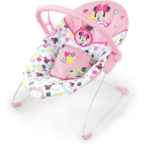 Bright Starts Disney Baby Minnie Mouse Baby Bouncer Soothing Vibrations Plush Infant Seat - Removable Toy Bar, Nonslip Feet, 0-6 Months Up to 20 lbs (Spotty Dotty)