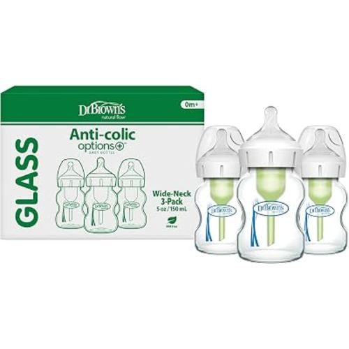 Dr. Brown's Natural Flow Anti-Colic Options+ Wide-Neck Glass Baby Bottles 5 oz/150 mL, with Level 1 Slow Flow Nipple, 3 Pack, 0m+