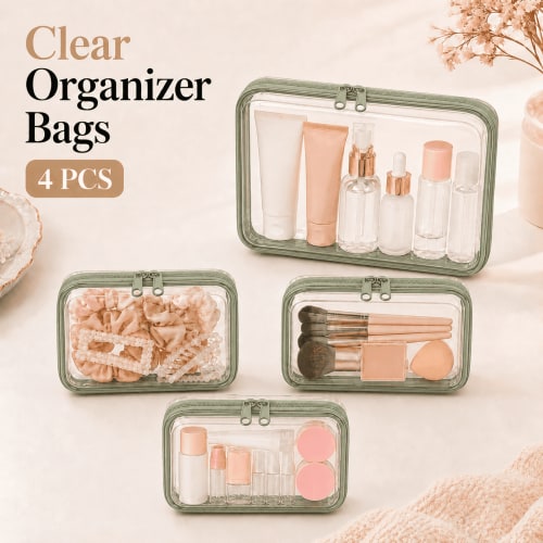 TAVENE 4 Pack Mint Green Hard Shell Clear Zipper Pouches, M+3S Size Travel Organizer Cosmetic Toiletry Bag for Toy Storage