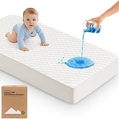1-Pack Waterproof Crib Mattress Protector Cover Fitted - Quiet Baby Crib Mattress Pad Sheets, 52" x 28" Soft Quilted Cotton Baby Sheet, Machine Washable, Easy Fit, Durable (Soft White/Mavy)
