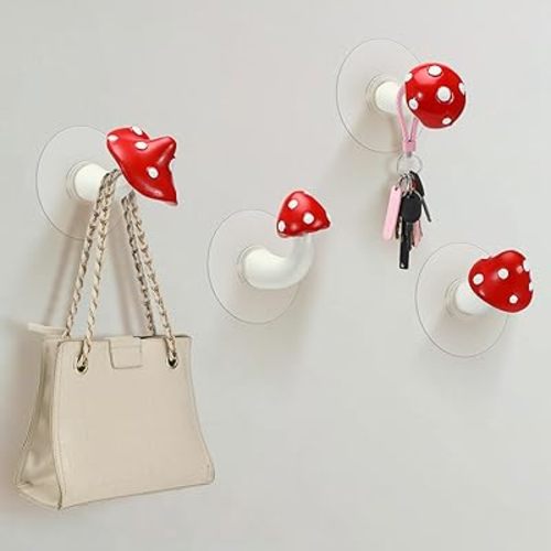 Chunful 4 Set Mushroom Wall Hook Unique Cute Bohemian Mushroom Wall Decor Funky Adhesive Hanging Hooks Furniture Room Decor for Coat, Towel Bag, Kitchen, Bathroom, Bedroom