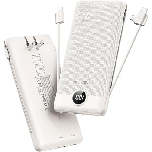 VEGER Portable Charger with Built-in AC Plug and Cables, All in One 10000mAh Ultra Slim Power Bank Travel Essentials, Fast Charging Battery Pack Compatible with iPhone, Samsung, Android (Coffee)