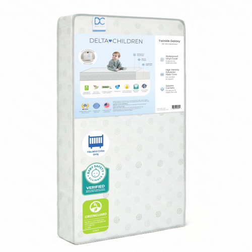 Delta Children Twinkle Galaxy 3-inch Mini/Portable Crib Mattress - Sustainably Sourced Fiber Core - Waterproof - GREENGUARD Gold Certified - 10 Year Warranty | Does Not Contain Toxic Fire Retardants