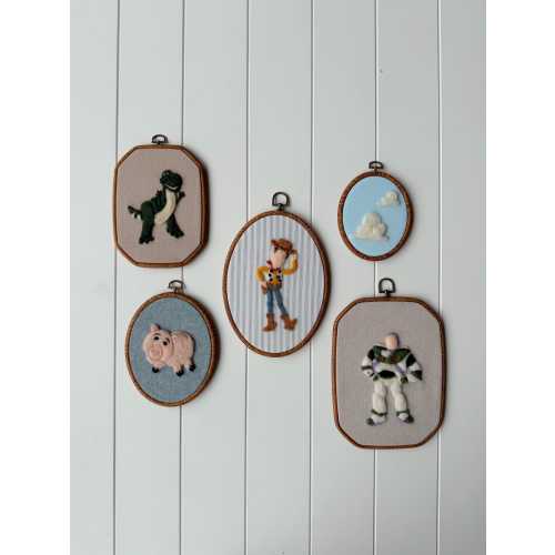 Handmade Needle Felt Boy Room Decor | Nostalgic Childhood Toy Inspired Wall Art Set | Cowboy, Space Ranger, Dinosaur & Pig Hoops