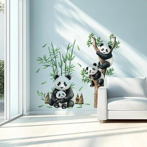 2 Sheets Cartoon Panda Wall Stickers, 2 Styles Bamboo Animal Decor Stickers Removable Peel and Stick Wall Stickers for Nursery Playroom Room Bedroom Classroom, 118x39cm
